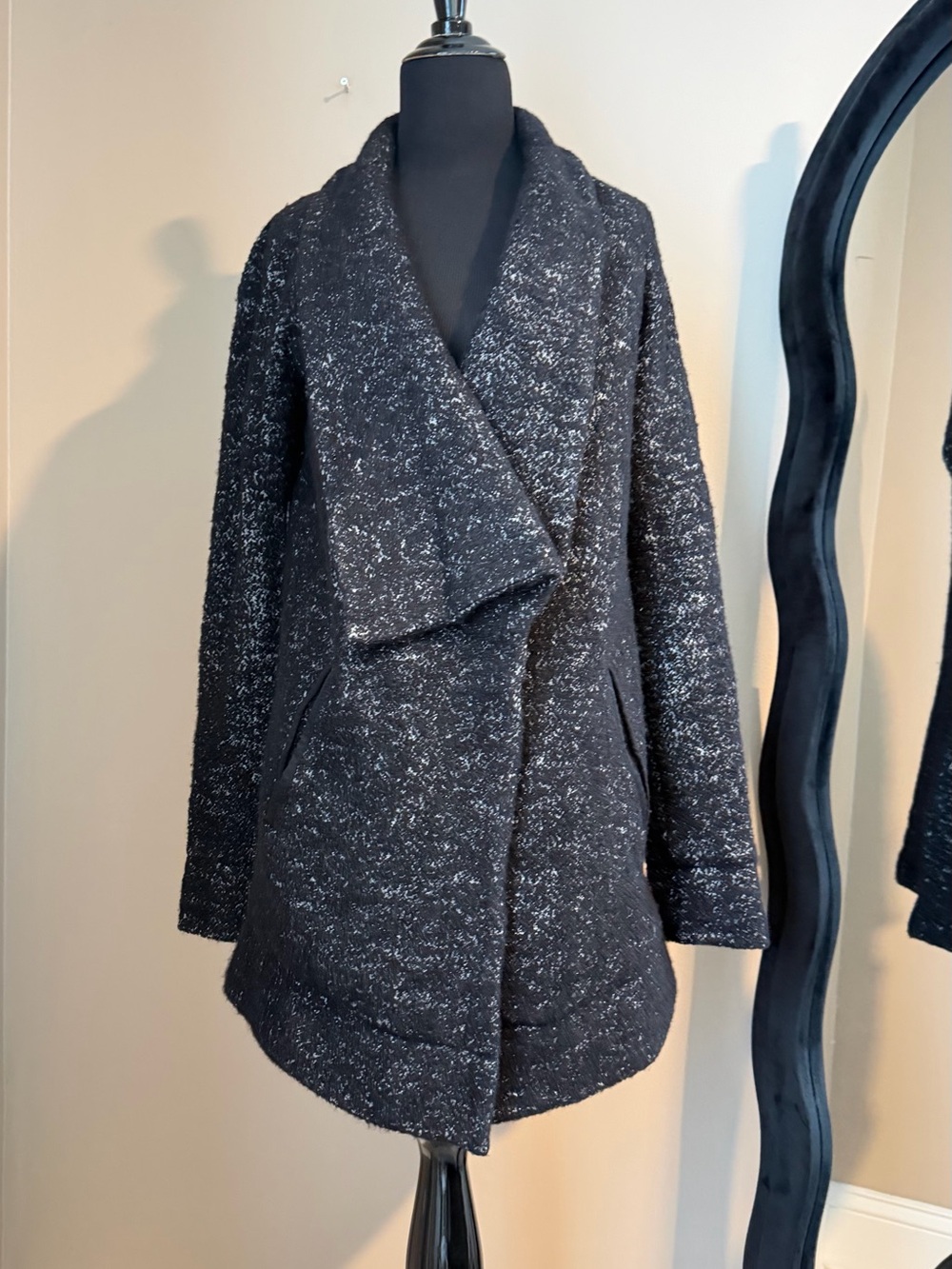 Theory Wool Blend Tweed Boucle Open Front Coat / Coatigan Black White P/xs